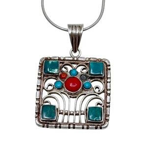 Sterling silver coral & turquoise pendant - GM440